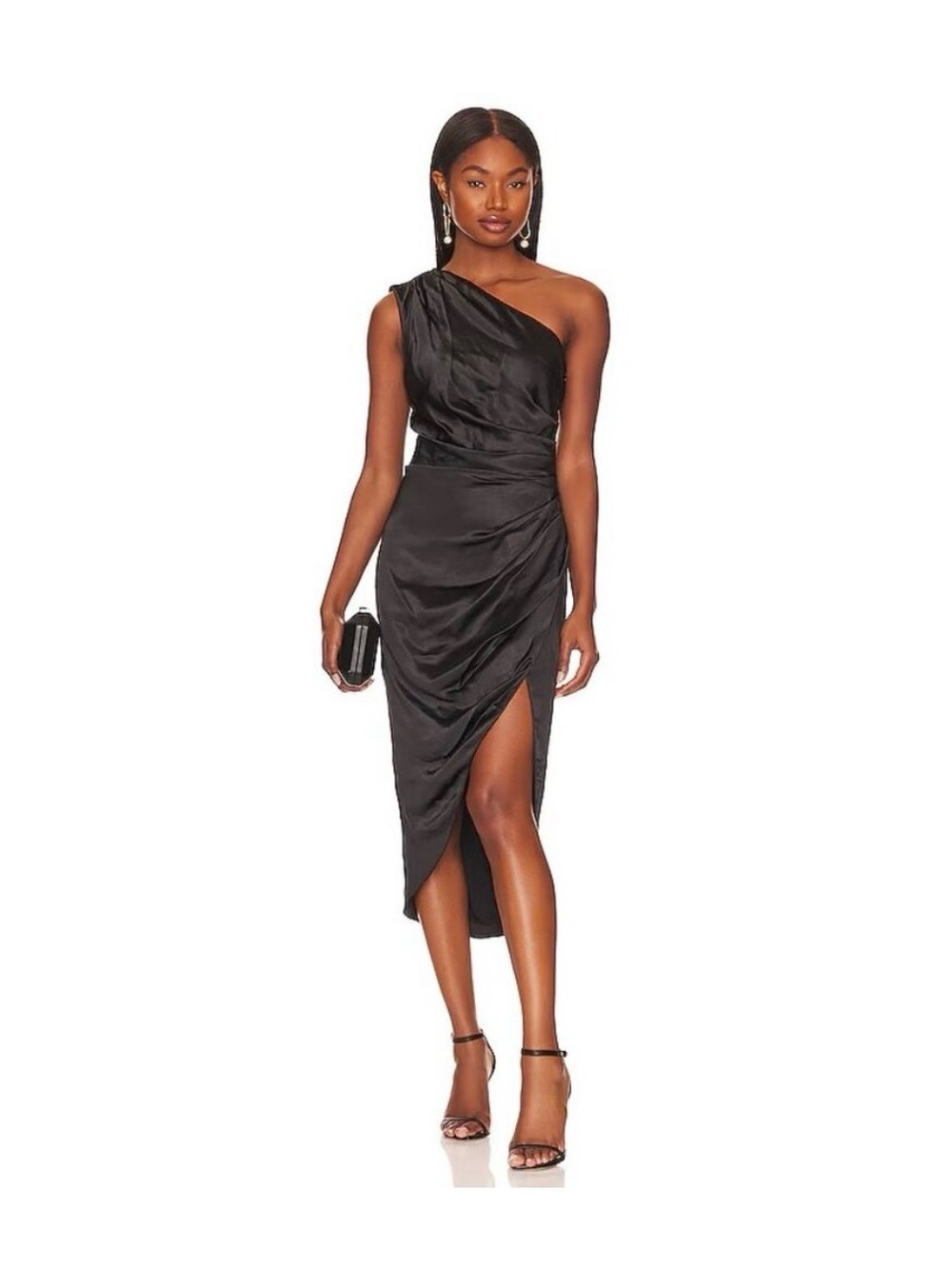 Elliatt Cassini Sheath Dress Small Revolve Ruched One Shoulder Satin Black NWOT